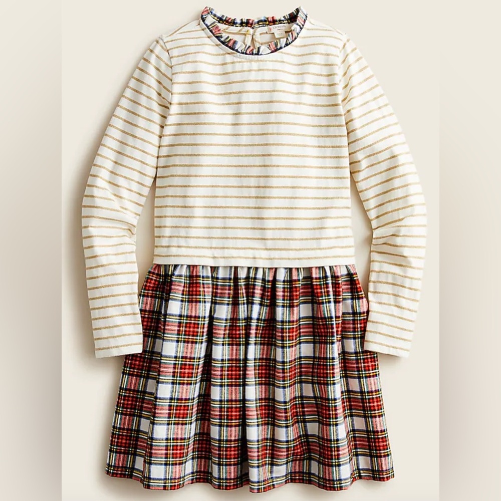 Crewcuts Holiday Striped and Plaid Dress (8-9Y) - Cream, Gold and Red